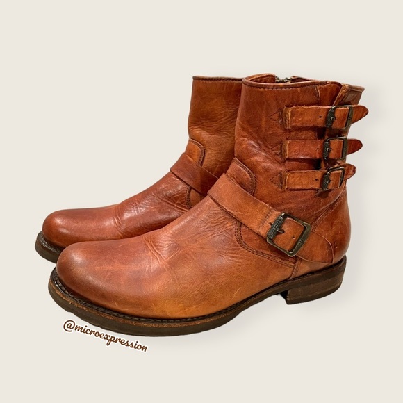 $389 Veronica Short Belted Cognac Leather Fringe Moto Vintage Combat Ankle Boot - Picture 7 of 15